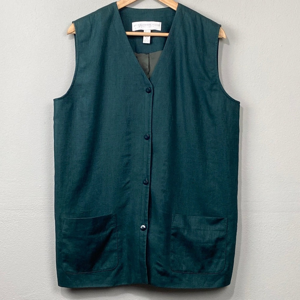 Vintage 90s Valerie Stevens Linen Vest Size 14P Green Minimalist Dark Academia‎